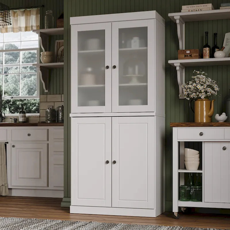 Meuble de rangement en bois massif avec portes en verre dépoli, portes pleines, 2 tiroirs et étagères réglables